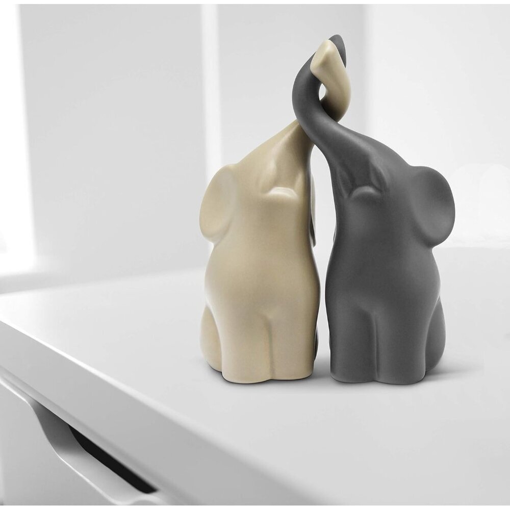 Loving Pair of Elephants in Beige & Grey Modern Ceramic Sculpture Figurine - Picture 3 of 6